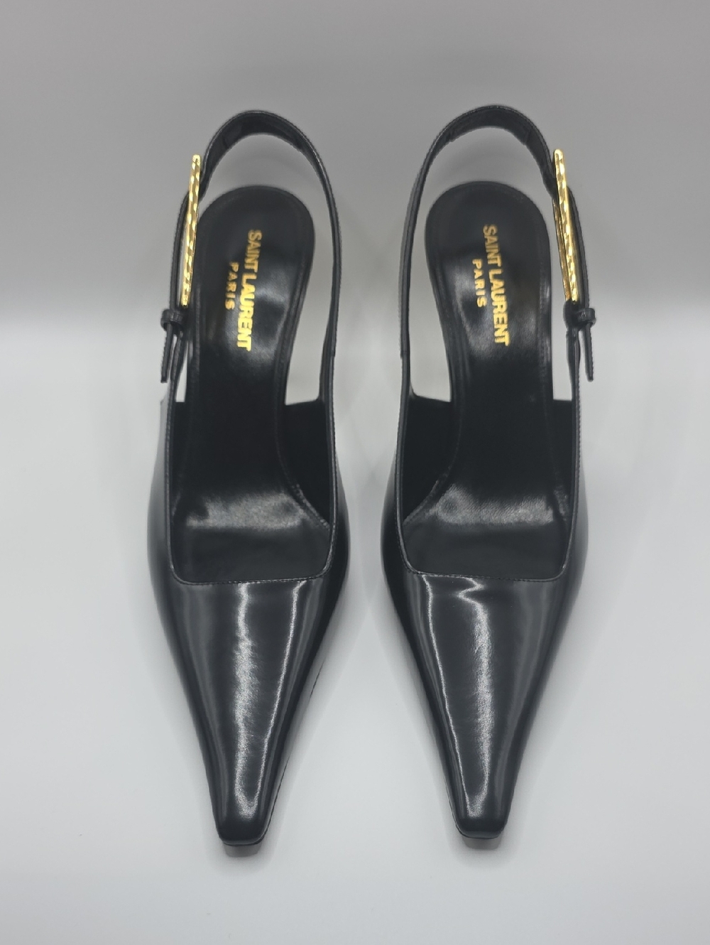 Saint Laurent Black Patent Leather Pointed Slingback Pumps with Gold Accent